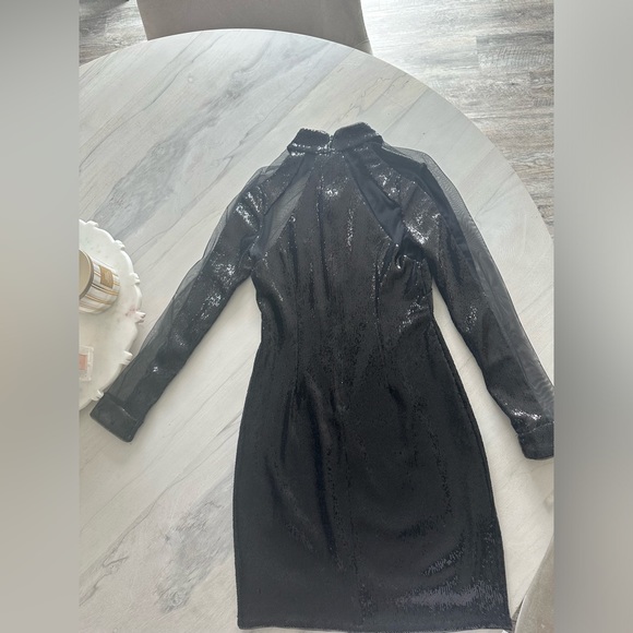 Aidan Mattox black sequin & mesh inset mock-neck long-sleeve mini dress, size XS - Picture 3 of 4